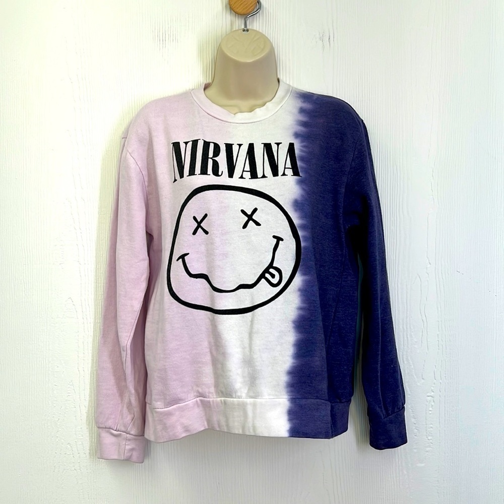 Nirvana - Purple Colorful Smiley Face Nirvana Pullover Sweatshirt Size XS